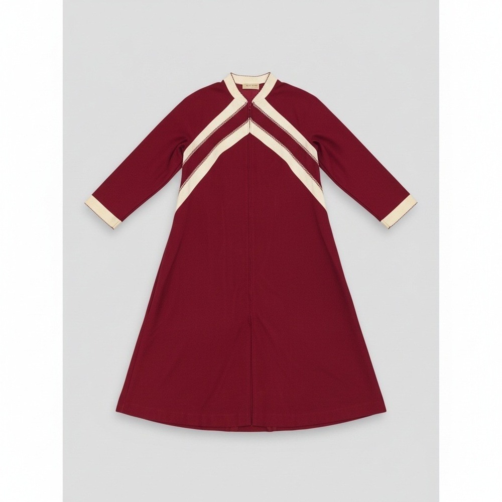Vassarette Burgundy Cream Chevron Zip Front Robe, Vtg House Dress, Womens Medium